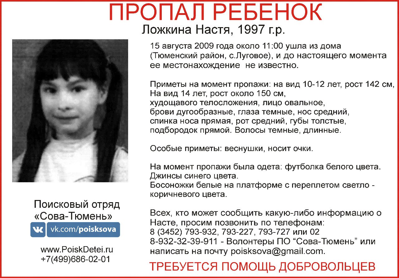 Настя Ложкина. 12-летняя девочка пропала в Тюменском районе в 2009 году