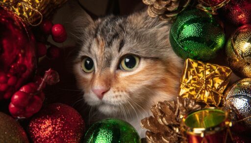 Кот спрятался в елочных украшениях