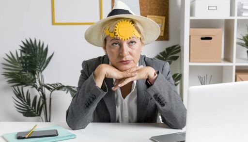 Уставшая женщина в офисе мечтает об отпуске