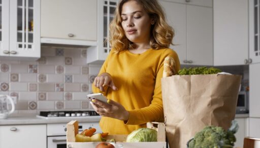 Девушка на кухне с пакетом продуктов