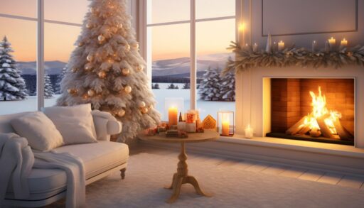 Комната с елкой. диваном, столиком и камином