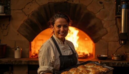 Девушка с пирогами стоит на фоне русской печи