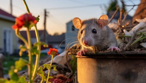 Крыса выглядывает из бочки в саду