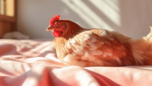 Курица лежит на теплом одеяле