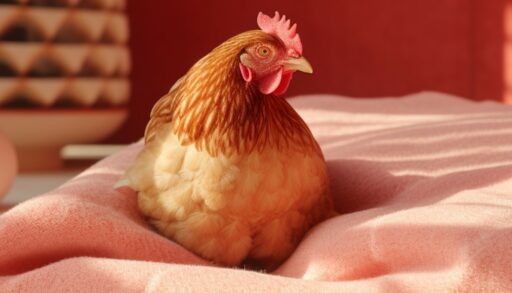 Курица сидит на одеяле