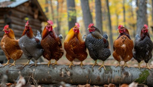 Курицы тоят на деревянном бревне