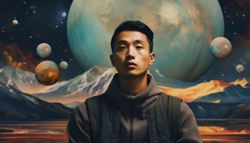 Молодой мужчина азиатской внешности на фоне планет