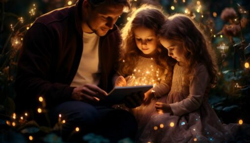 Отец сидит рядом с дочерьми около елки