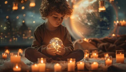 Ребенок сидит около свечек и на фоне планет