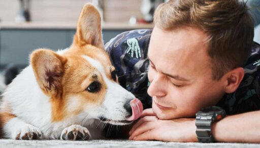 Мужчина лежит рядом с собакой