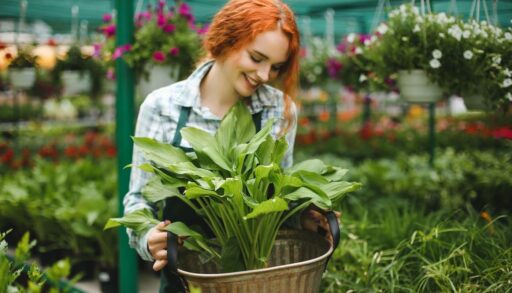 Рыжеволосая девушка стоит в питомнике с рассадой
