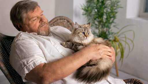 Мужчина держит на руках кошку