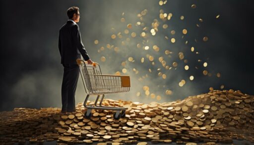 Деловой мужчина среди россыпей золота