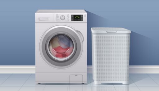 стиральная машина и корзина для белья