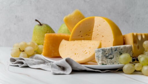 Сыр и виноград лежат на столе