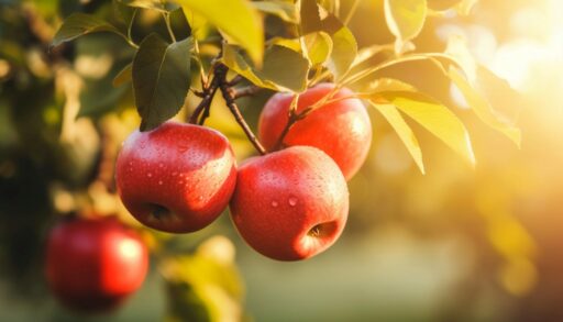 Яблоки висят на яблоне в солнечных лучах