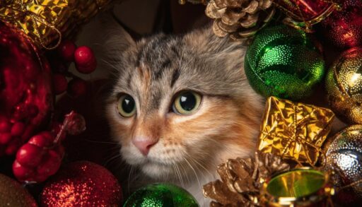 кот в окружении елочных игрушек