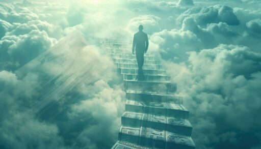 Мужчина поднимается по лестнице из денег