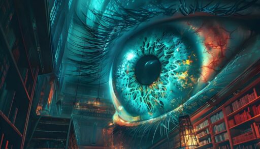 огромный глаз смотрит на полки с книгами