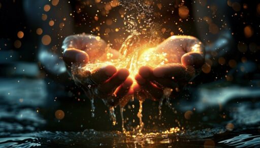 руки держат светящуюся воду