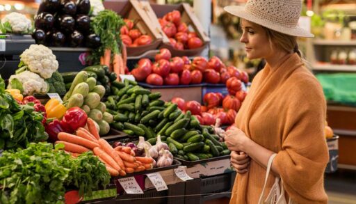Молодая женщина покупает овощи