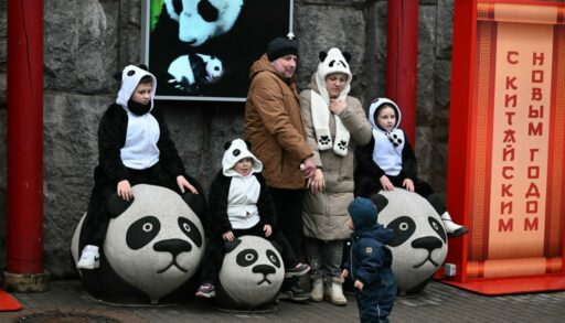 Семья в зоопарке фотографируется