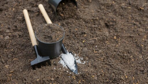 Лопатка и грабельки лежат на земле рядом с ведерком