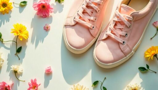 розовые кеды среди цветов