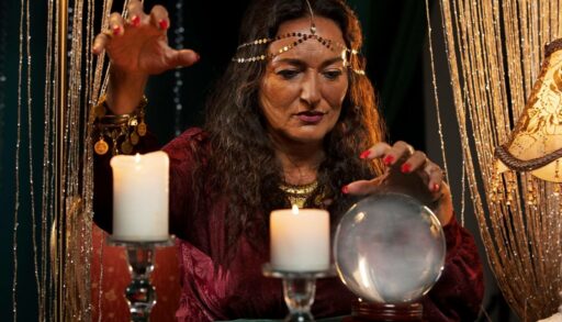 Гадалка вглядывается в хрустальный шар на столе