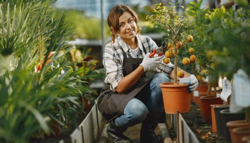 Девушка в теплице ухаживает за растениями