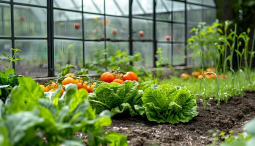 Теплица из поликарбоната с растущими внутри растениями