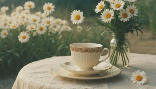 красивая посуда на скатерти и рядом с вазой