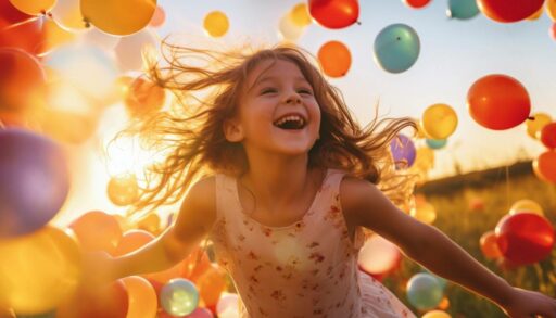 Смеющаяся девочка на фоне разноцветных воздушных шаров