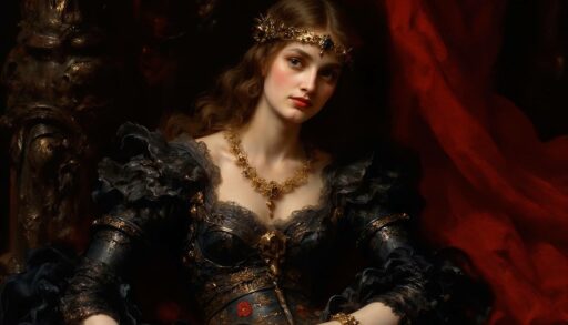 Знатная дама сидит на троне в средневековом замке