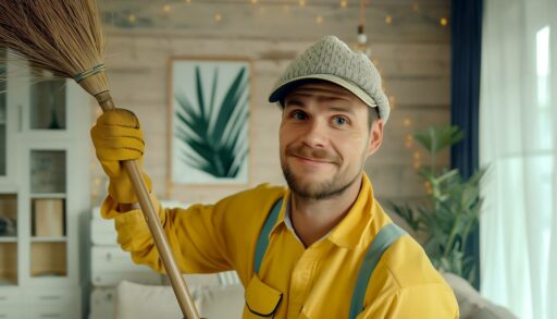 Улыбающийся мужчина с метлой в руках