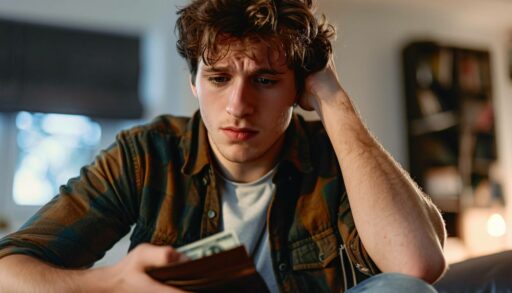 Молодой человек грустно смотрит в бумажник