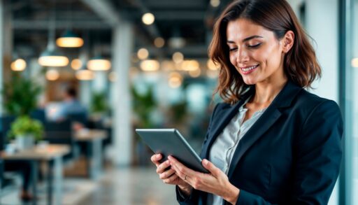 Деловая женщина читает сообщение на планшете