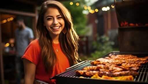 Привлекательная девушка жарит мясо на гриле