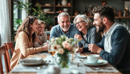 Смеющаяся семья сидит за накрытым столом