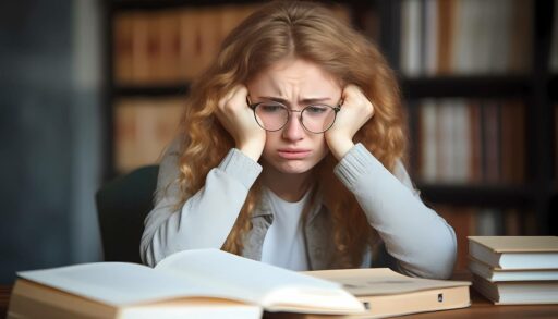 Расстроенная девушка в очках смотрит на папки с бумагами