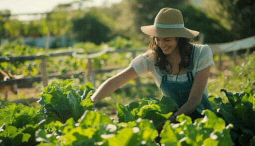 Девушка занимается прополкой грядки, засаженной салатом