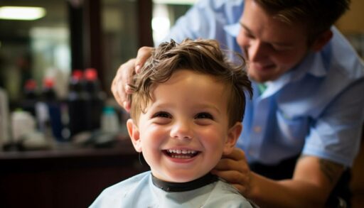 Парикмахер стрижет улыбающегося мальчика, сидящего в парикмахерском кресле