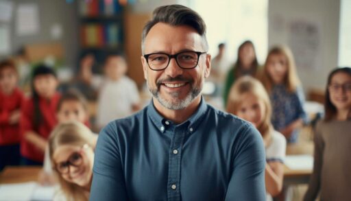 Улыбающийся мужчина-учитель на фоне школьников