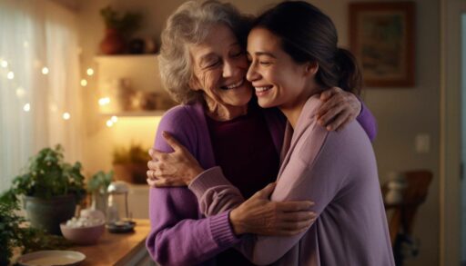 Пожилая женщина обнимается со взрослой дочерью