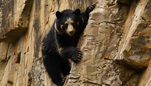 Дикий медведь спускается по скале