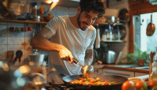 Молодой мужчина с удовольствием готовит еду