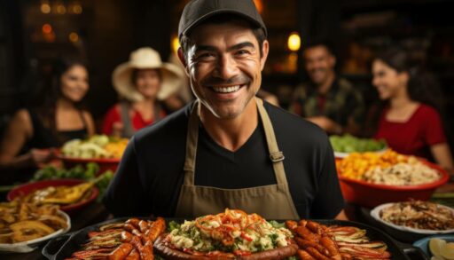 Официант предлагает поднос с мексиканским барбекю