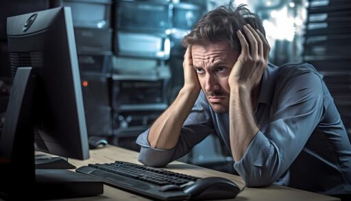 Мужчина держится за голову и озабоченно смотрит на монитор компьютера