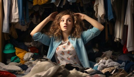 Молодая женщина схватилась за голову перед кучей одежды