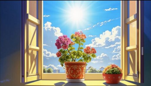 Герань в цветочном горшке на окне, голубое небо и облака